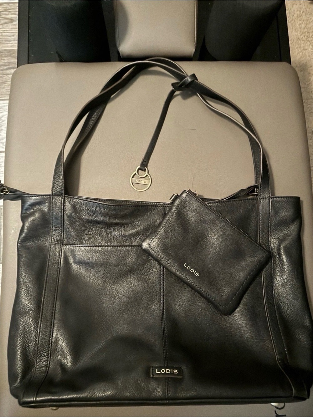 Lodis Black Leather Tote with Matching Zip Pouch